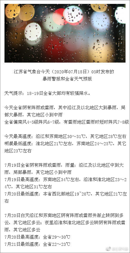 [地区] 沿江和苏南地区最高温度30℃+ 雨水继续！今天全省阴有阵雨或雷雨
