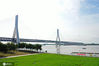 2020年7月3日,在武汉青山江滩拍摄的武汉天兴洲公铁长江大桥。