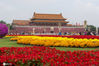 2020年9月24日，中国北京，北京天安门广场花团锦簇，天安门城楼红旗招展，喜迎国庆节与中秋节氛围浓郁。来源：IC photo 