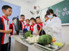 2021年6月21日，在江苏南通如皋市安定小学，工作人员正在为学生现场演示蔬菜农药快检全流程。
