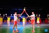 Torchbearers Su Bingtian (L) and Zhang Yufei take part in the torch relay during the opening ceremony for China's 14th National Games in Xi'an, northwest China's Shaanxi Province, Sept. 15, 2021. (Xinhua/Zhang Bowen)