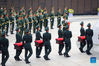 Coffins containing the remains of Chinese People's Volunteers (CPV) martyrs are escorted by soldiers during a burial ceremony at the CPV martyrs' cemetery in Shenyang, northeast China's Liaoning Province, Sept. 3, 2021. The remains of 109 Chinese soldiers killed in the 1950-53 Korean War were laid to rest on Friday in Shenyang. (Xinhua/Yang Qing)