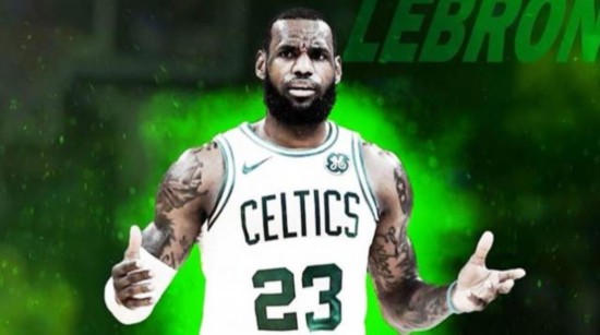 美国网友制作的詹姆斯身穿绿军球衣的效果图