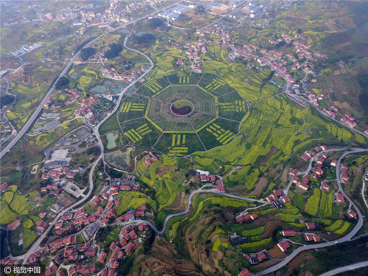 航拍贵州怀仁田间八卦图