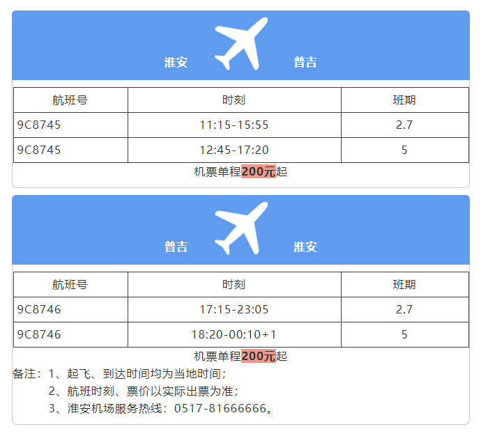 淮安新增多條航線,機票100元起!