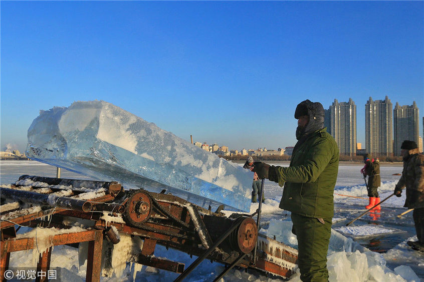 哈尔滨:采冰人自制采冰机 效率提升两三倍
