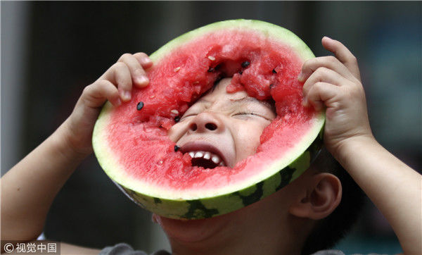 江苏扬州一社区举办西瓜比赛 萌娃啃瓜度"大暑"-荔枝网图片