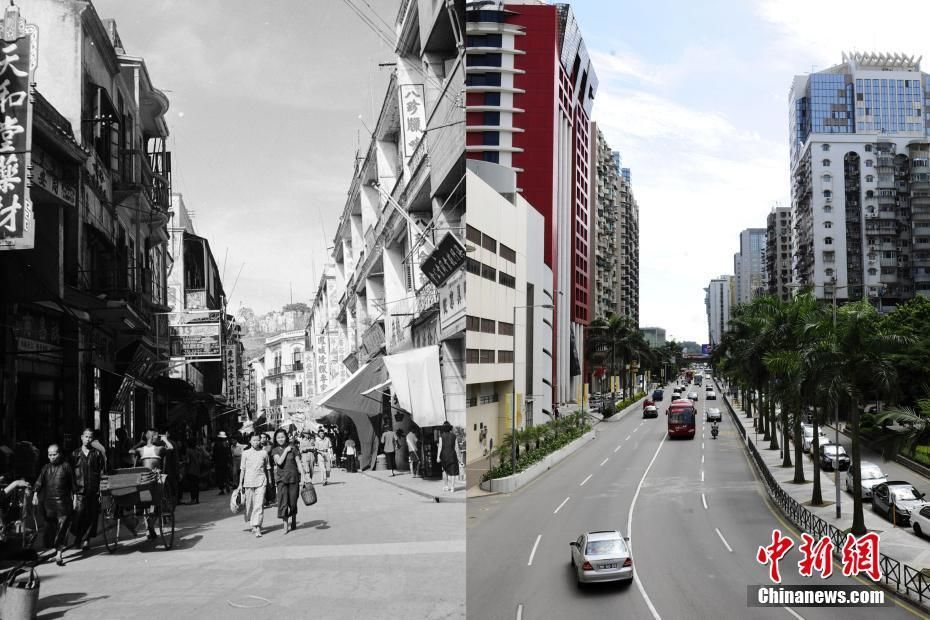 上世纪50年代,澳门市中心的街道商店林立.现在已然高楼大厦.