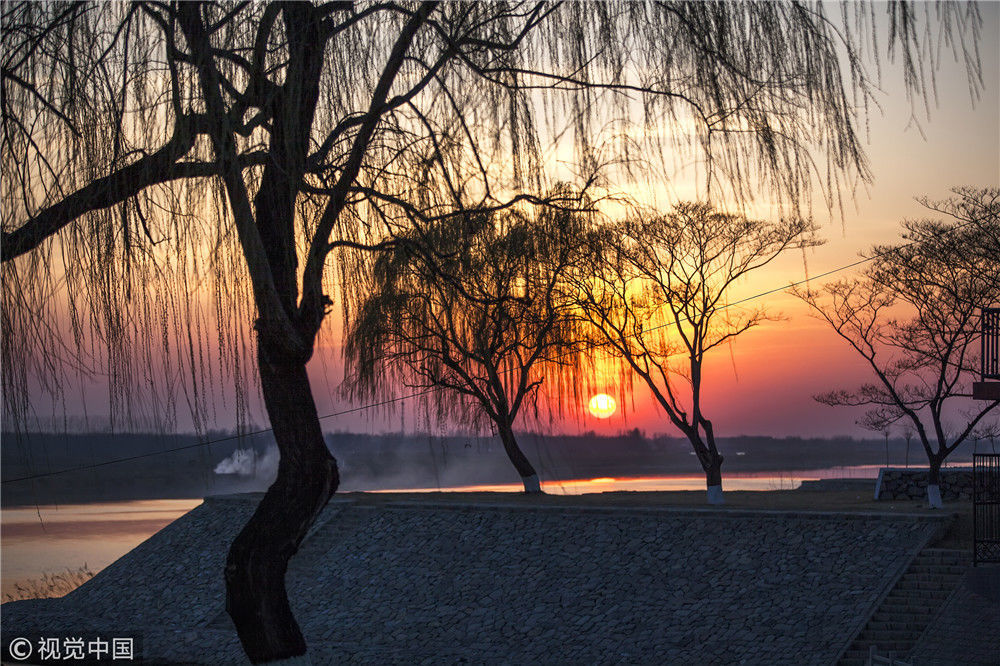 入春后,天气晴好,山东滨州黄河段落日映满江水,出现了长河落日满江红