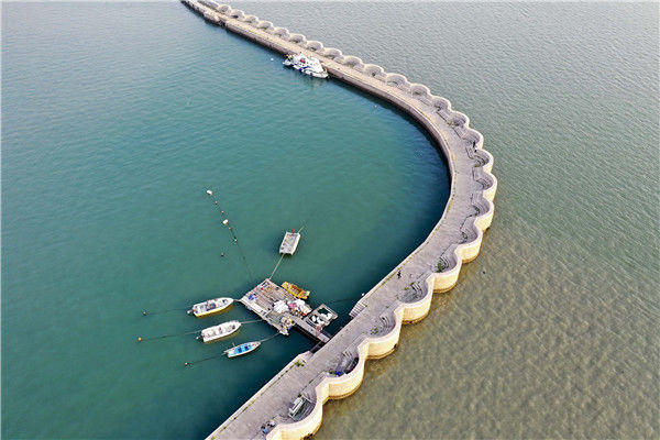 青岛:码头堤坝似花边镶嵌海面 蓝绿乳灰海水相映成趣