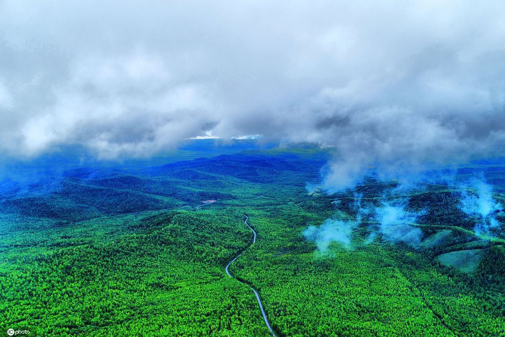 航拍大兴安岭原始森林云雾升腾 美如画