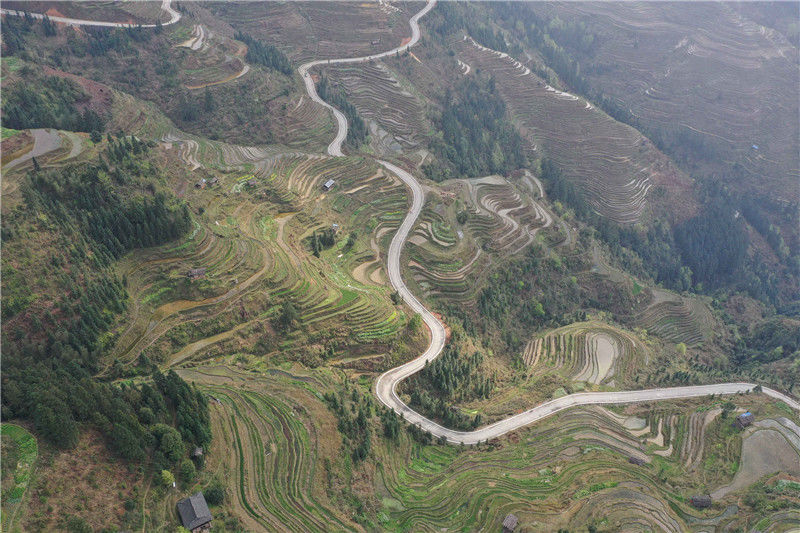2020年3月8日,贵州黔东南,从江县加勉乡别鸠村拍摄的梯田景色(无人机