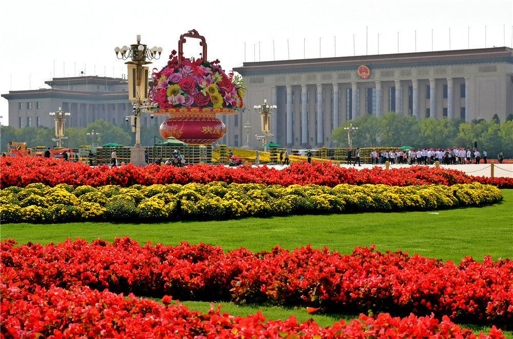 2021年9月23日,北京,秋分节气天安门广场国庆花坛初亮相,花卉布置工作