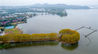 2022年11月21日，在武汉东湖绿道团山驿站旁边，伸入湖中半岛的湖心步道上梧桐树叶色彩斑斓，如同一个金色的“汤勺”伸入湖中。