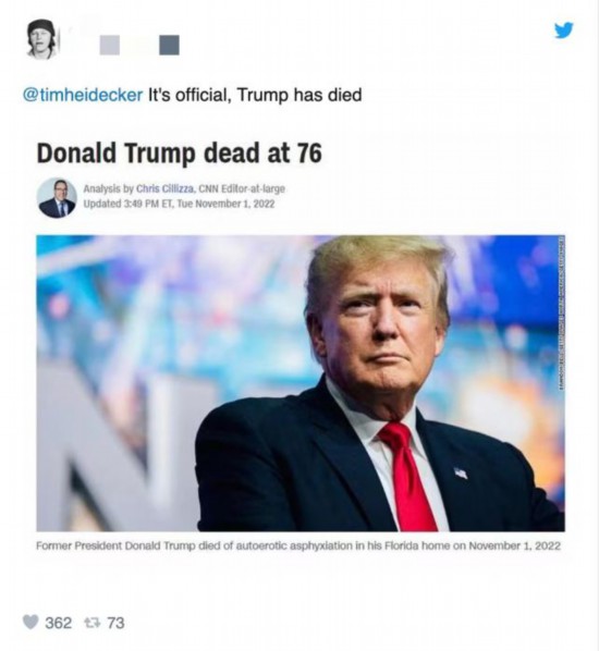 推特网友制作的“特朗普死了”CNN假报道截图。