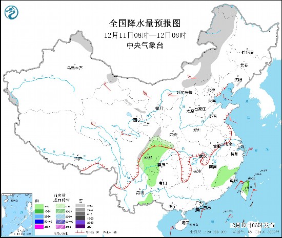 图2 全国降水量预报图(12月11日08时-12日08时)