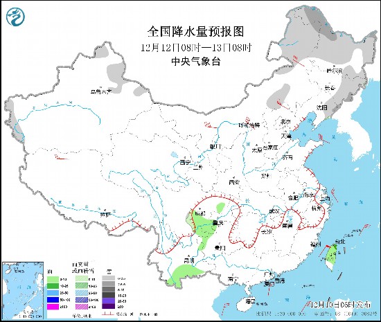 图3 全国降水量预报图(12月12日08时-13日08时)