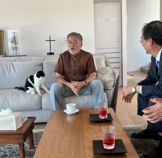 文在寅与客人聊天,猫咪相伴。(社交平台)