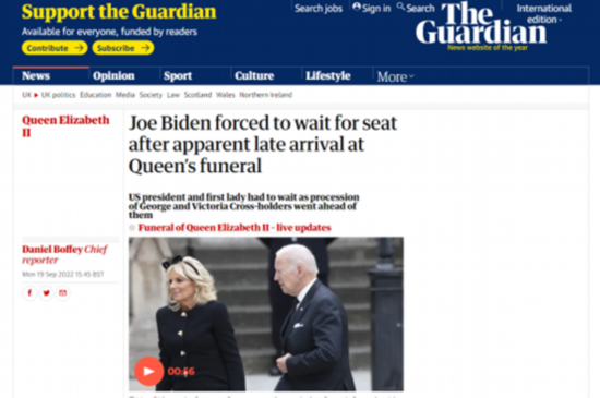 《卫报》：乔&middot;拜登在女王葬礼上迟到，被迫等待入座