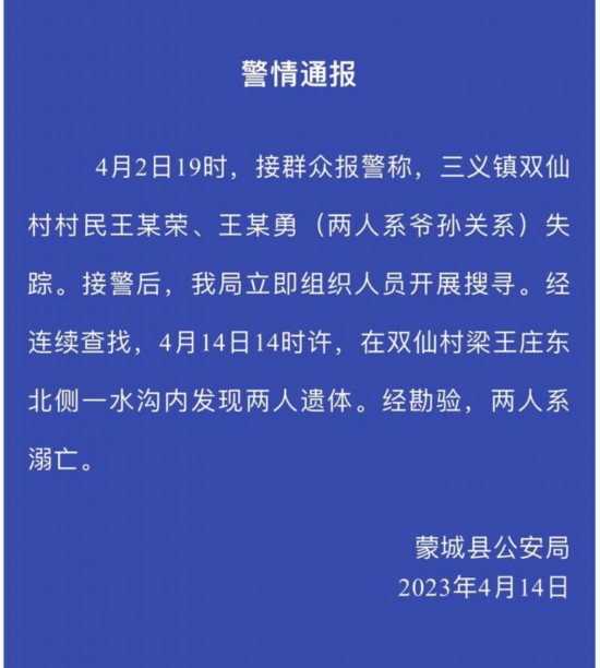 安徽蒙城警方通报：失踪爷孙遗体被发现两人系溺亡